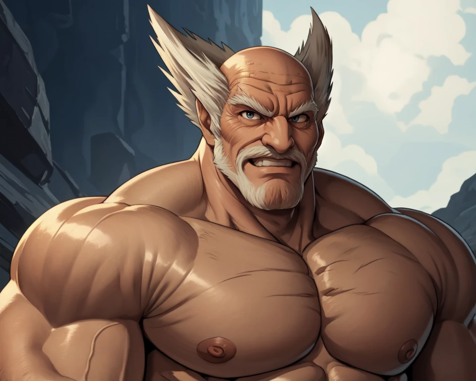 manly old man, retro anime, anime, large pectorals, bald, facial hair, heihachi, wrinkled skin, smile, solo, male focus, (dougi:1.1), muscular male, <lora:Heihachi-05:1.2>, (best quality:1.3)