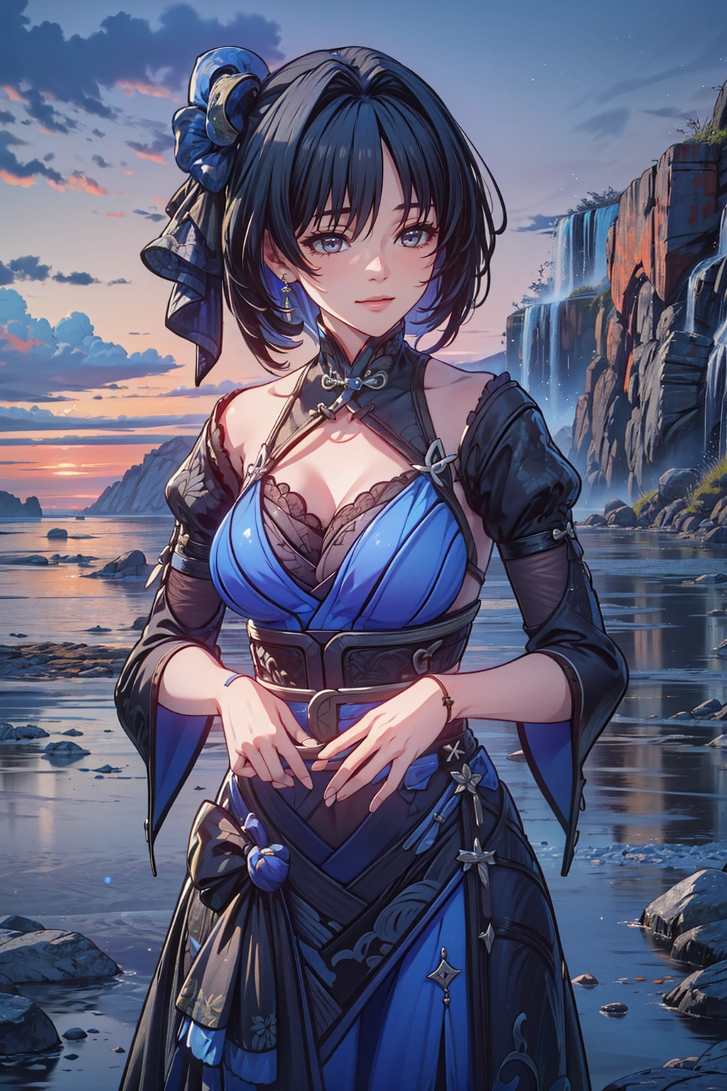 cartoon、Black and White、2 coloronochrome、Manga illustration、 Line art、Super High Resolution Super Quality、anime、Zoom in Enlarge 、smile、Fantasy、Magic Thunder、Bathing white Bikini Mage、High quality texture of black clothes, hazy and fantastic light, realistic texture, frills, lace material, luxurious adventurer clothes, sparkling jewels, silver decoration, platinum Beautiful Girl has a Nice Body, highlights in eyes, upper body, snap, blue sky, distant mountain range, rock surface and grassland, bob hair, flower shape into eyes, close-up, zoom up bottom less