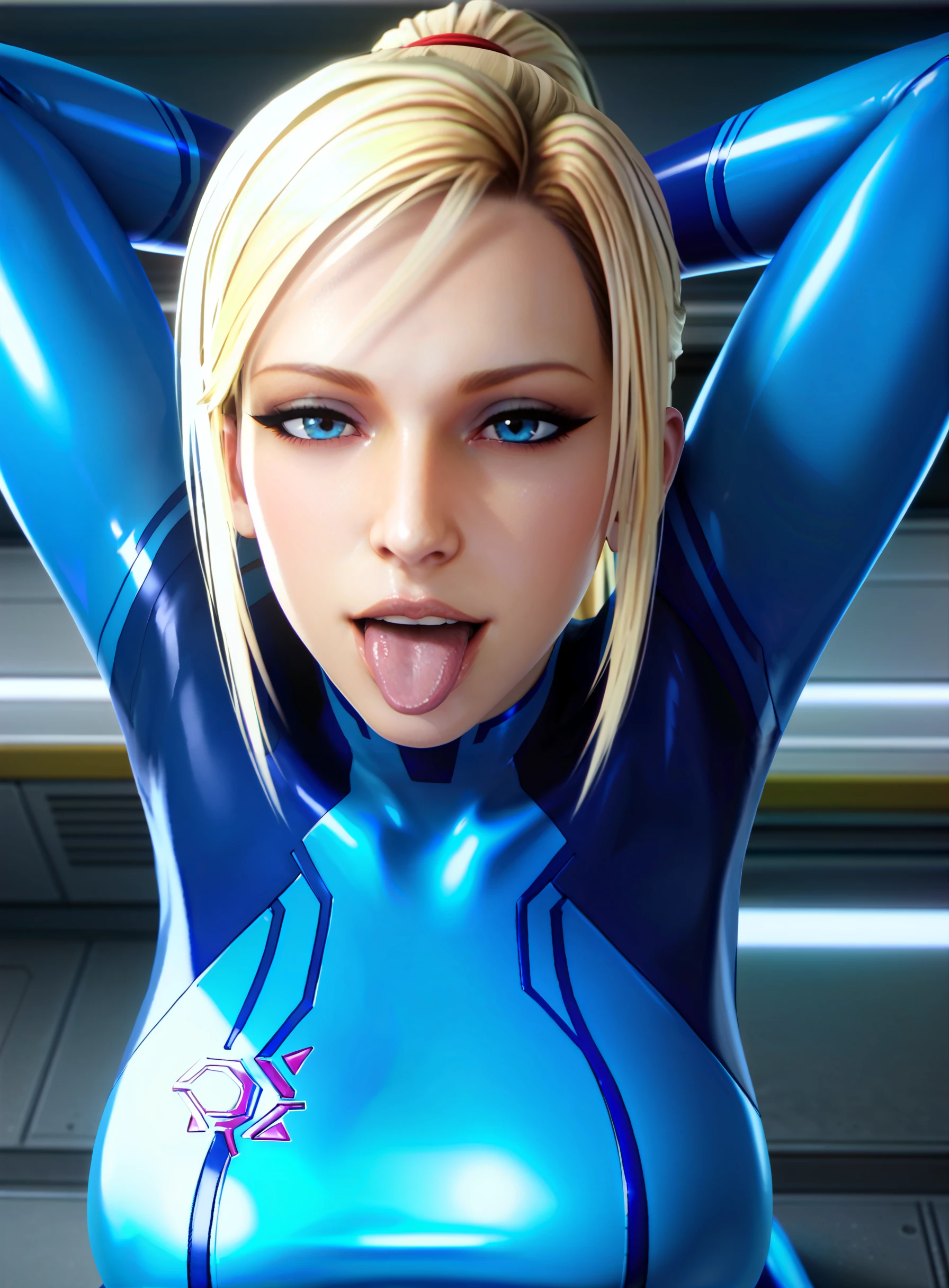 score_9, score_8_up, score_7_up, score_6_up, 1girl, solo, samus aran, Platinum Blonde Hair, (faceless male), kneeling, half-closed eyes, smug, sarah bryant, arms behind head, upper body, blue eyes, tongue out, zerosuit, (looking at viewer), noname55, (seductive), large breasts, (shiny skin), (spaceship interior background), <lora:pony_outline_lbw_5x:-0.1> <lora:Noname55_2.0:1>