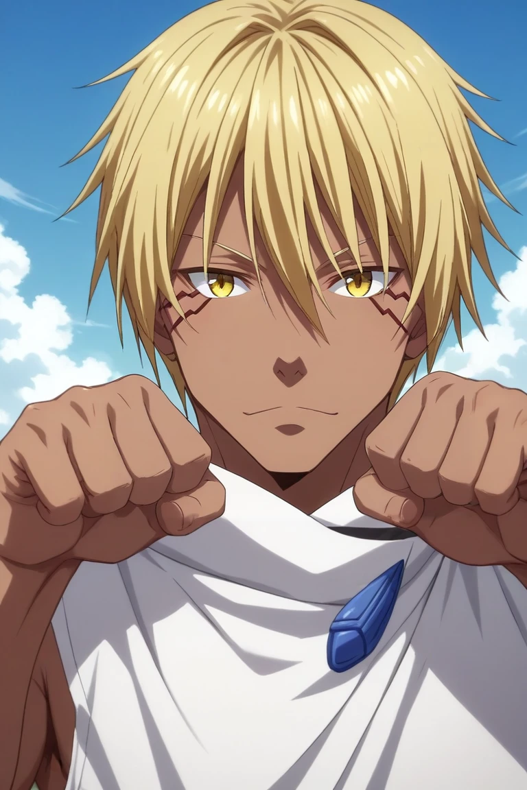 score_9, score_8_up, score_7_up, source_anime, rating_safe, intricate details, (realistic:0.6), looking at viewer, , 1boy, solo, male focus, <lora:veldora_tempest_pony:0.94>, veldora_tempest, blonde hair, yellow eyes, hair between eyes, bangs, facial mark, dark skin, dark-skinned male, straight-on, bedroom, (plush), day, clouds, paw pose, relaxed, , <lora:sdxl_lightning_8step_lora:1>