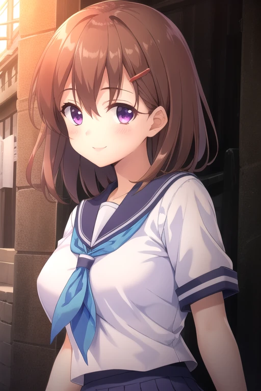 ((masterpiece)),(best quality),official art,extremely delicate and beautiful,extremely detailed CG,unity 8k wallpaper,ultra detailed,beautiful detailed eyes,extremely detailed face,outdoors,1girl,solo,upper body,(portrait:1.5),looking at viewer,facing viewer,smile,Shinano Kurumi,short hair,brown hair,hair ornament,hairclip,sidelocks,hair between eyes,bangs,purple eyes,school uniform,blue sailor collar,blue neckerchief,white shirt,short sleeves,large breasts,miniskirt,blue skirt,pleated skirt,frilled skirt,white thighhighs,zettai ryouiki,loafers,<lora:Shinano Kurumi(to)>,