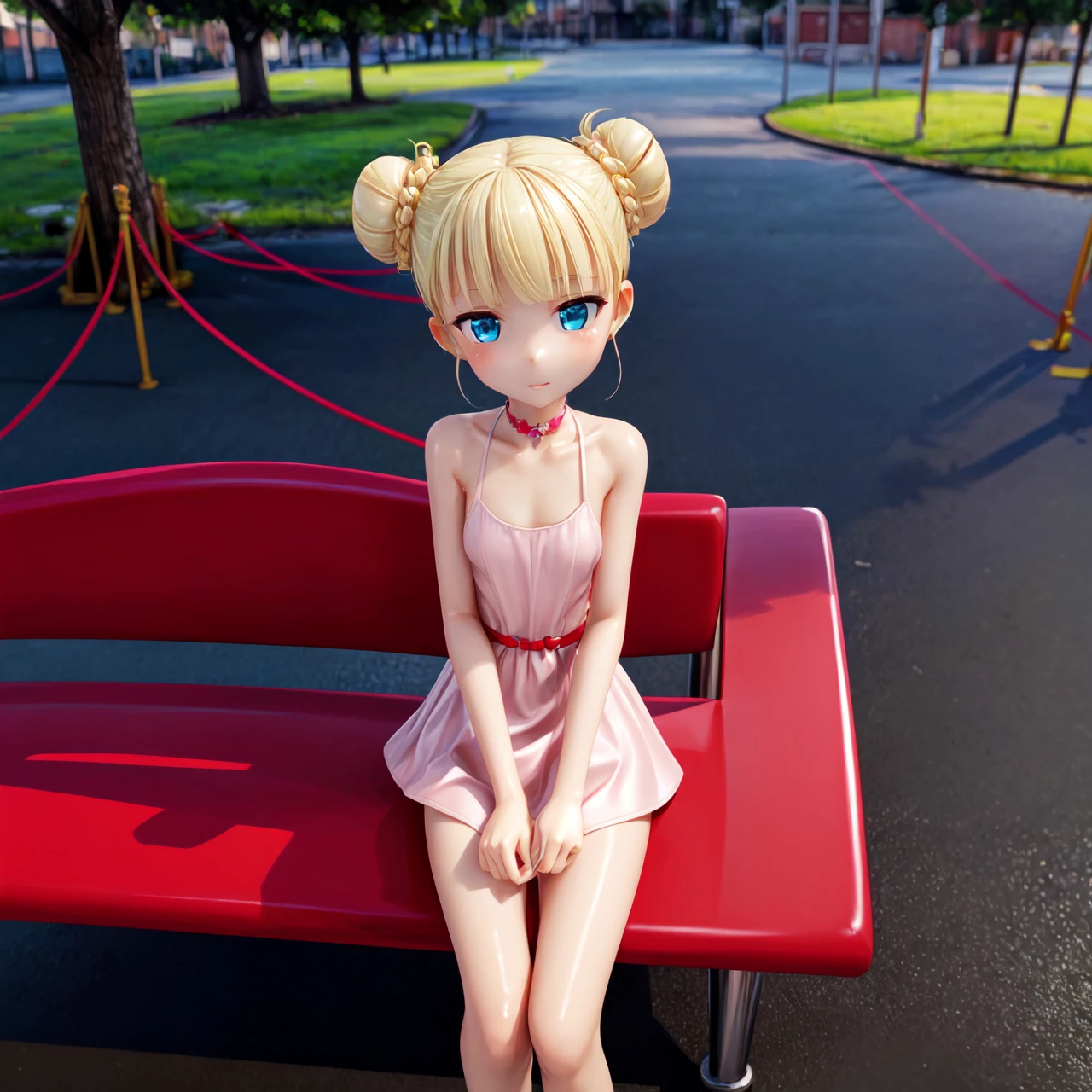 ((masterpiece, best quality, highly detailed)), park_background, park_bench, sitting, from_above, looking_up, looking_at_viewer, pink_summer_dress, <lora:Alicia Solid:0.75> Alicia_Solid, solo, 1girl, shiny_skin, double_bun, ((skinny, very_small_breasts)), <lora:more_details:1>