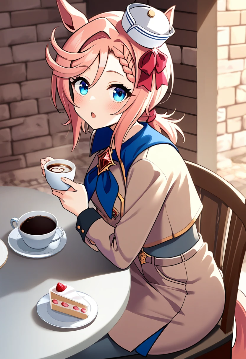 venus park \(umamusume\), brick wall, blush, food, long sleeves, low twintails, open mouth, sitting, coffee, table, military hat, plate, dixie cup hat, ears through headwear, bow, mini hat, blue neckerchief, cake slice, short twintails, shirt, braid, solo, teacup, holding cup, brown coat, white headwear, looking at viewer, masterpiece, best quality, very aesthetic, absurdres
<lora:UmaDiffusionXL_UAF-000010:0.7>