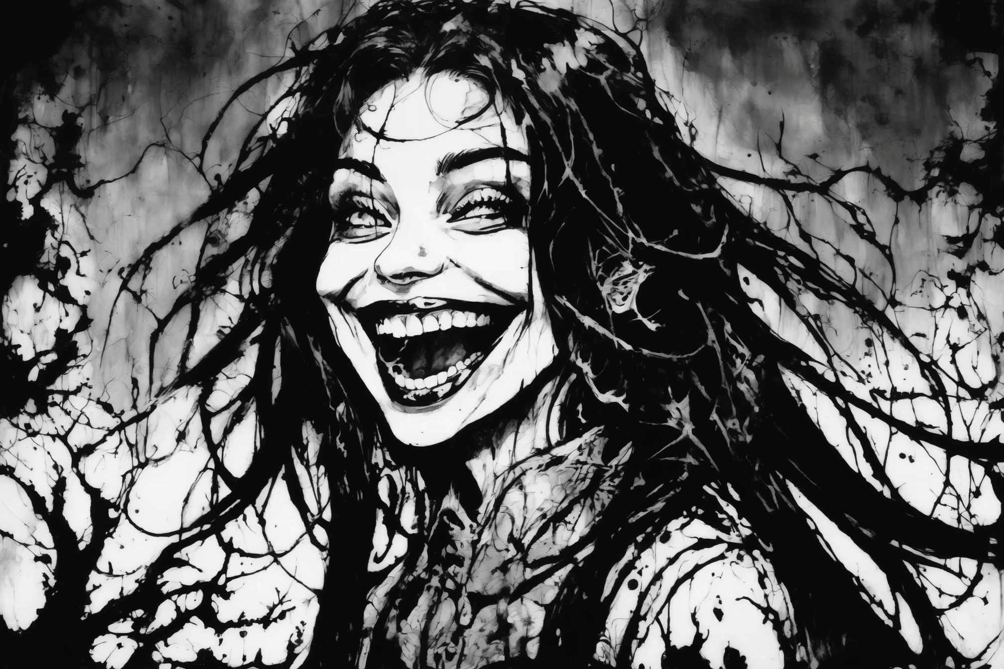 monochromatic, ink, eerie drawing of a happy but evil smiling female face with black hair and an evil face, highly detailed, exciting composition <lora:xl-mink:1>