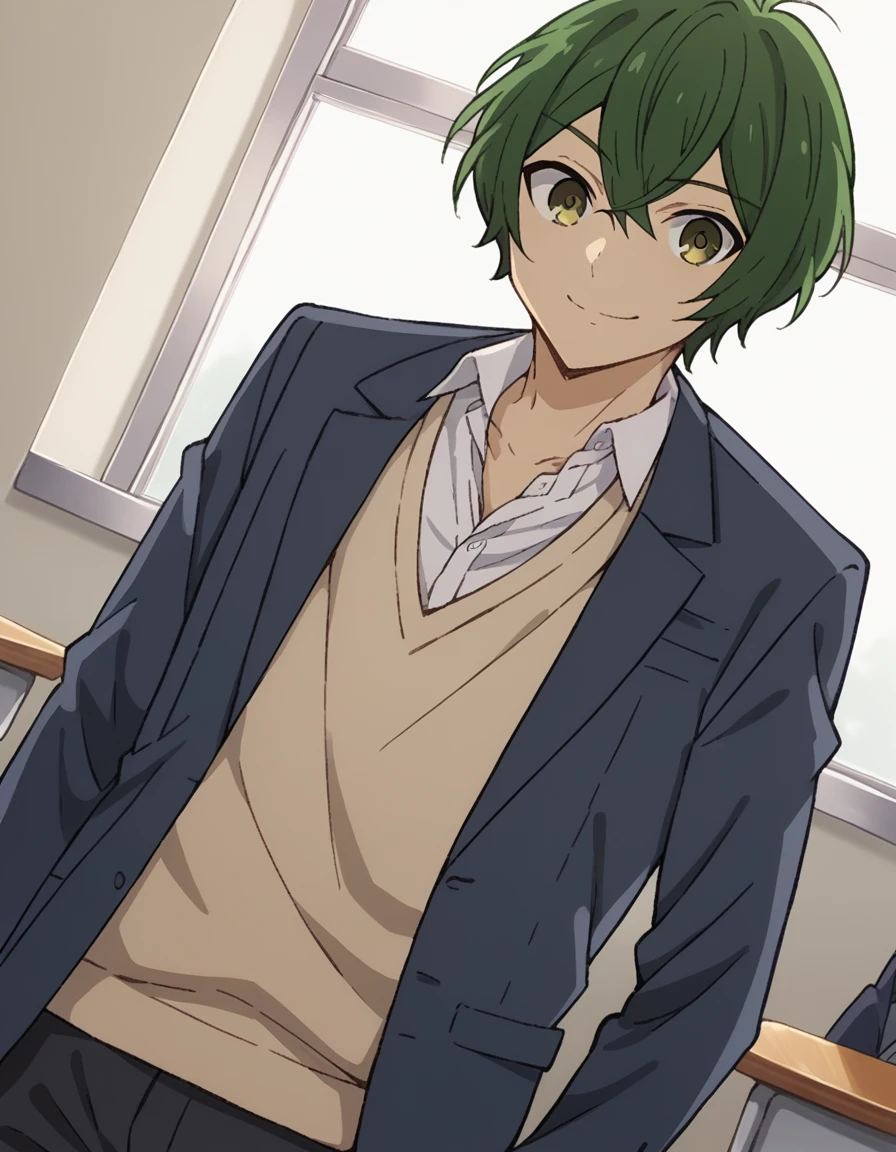 score_9, score_8_up, score_7_up, source_anime,
shuuiura, <lora:shuu-iura-s2-ponyxl-lora-nochekaiser:1>,
shuu iura, short hair, green eyes, male focus, green hair,
shirt, long sleeves, school uniform, jacket, white shirt, open clothes, collared shirt, pants, sweater, open jacket, black jacket, blazer,
indoors, classroom, smile,
cowboy shot, looking at viewer, solo, dutch angle,