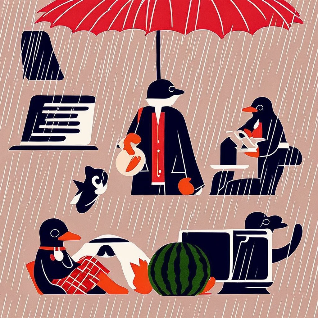 necktie, plaid skirt, black jacket, penguin, watermelon, red shirt, collar, computer, rain, black cat, bag, tan background, cat boy, bikini, holding umbrella