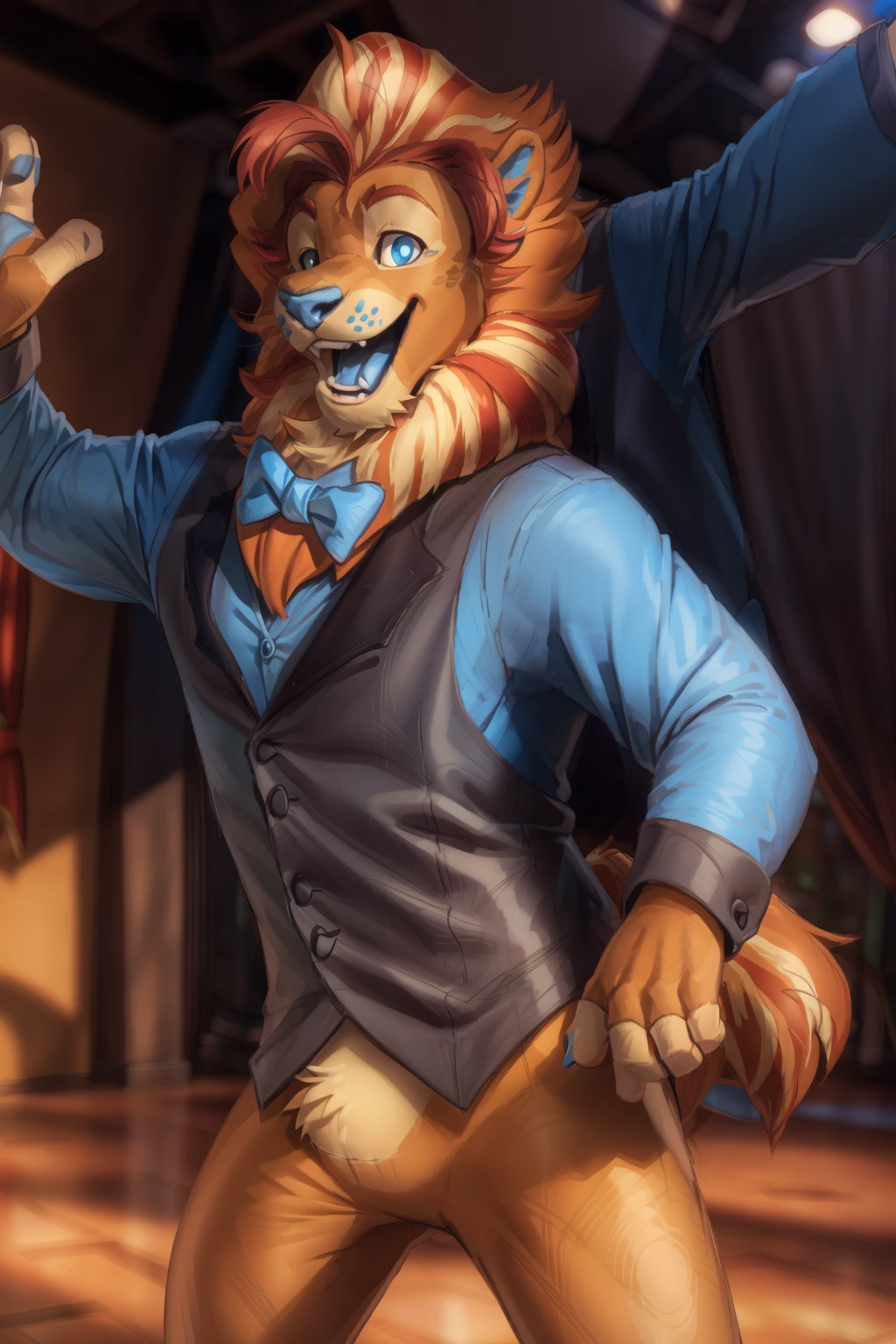 <lora:lloyd-09:1.2>, lloydip, blue eyes, blue nose, mane, (pinup), (pose), (soft shading), 4k, hi res, ((detailed face, detailed eyes)), by zackarry911, by zaush, (by personalami:0.5), smile, full body, open mouth, shirt, 1boy, bow, upper body, male focus, collared shirt, bowtie, vest, fangs, blue bow, blue bowtie, stage, extended arms,