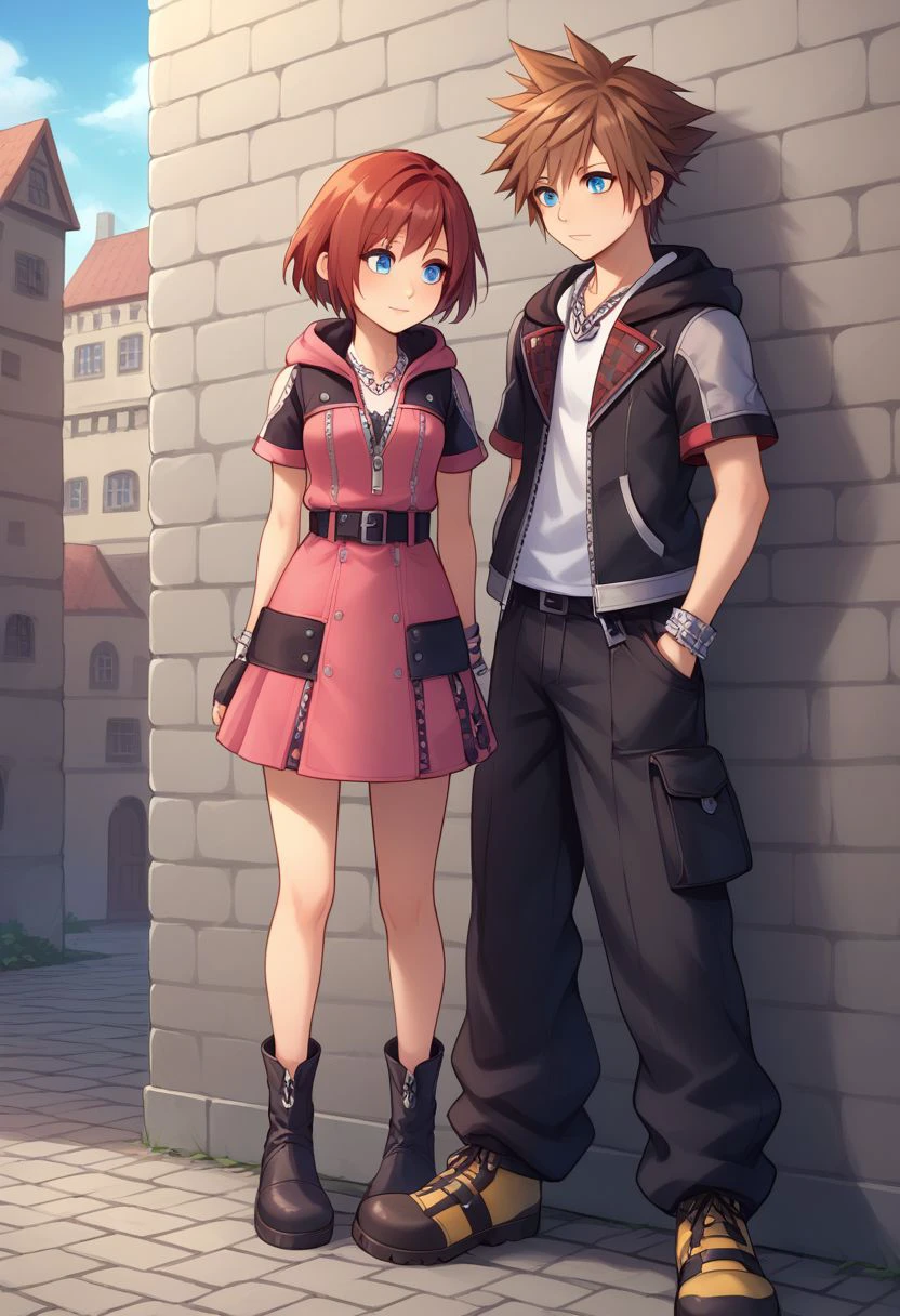 score_9, score_8_up, source_anime, highly detailed, 1girl, 1boy, upper body, 
kairi, 1girl, blue eyes, zipper, jewelry, boots, dress, necklace, short hair, red hair, pink dress, zipper pull tab, pleated dress, short dress, 
sora, fingerless gloves, 1boy, male focus, spiked hair, blue eyes, gloves, necklace, brown hair, hood, short sleeves, 
outdoor, village,