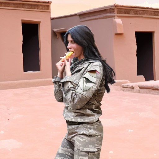 Sgt Edena Barcelona eating a snack in a desert village while wearing camouflage fatigues.