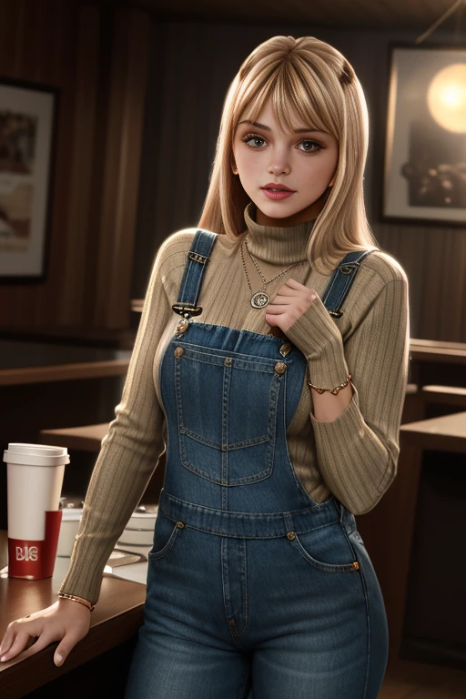 ju1i3t4y10r, sfw, blonde two-tone hair, bangs, brown eyes, long hair, (freckles:1.2), (red turtleneck sweater:1.1), necklace, bracelet, realistic, denim, overalls, indoors, fast food restaurant, <lora:Julie_Taylor_PMv1b_Lora:1.3>,, glow effects, godrays, Hand drawn, render, 8k, octane render, cinema 4d, blender, dark, atmospheric 4k ultra detailed, cinematic, Sharp focus, big depth of field, Masterpiece, colors, 3d octane render, 4k, Concept art ð, trending on artstation, hyperrealistic, Vivid colors, extremely detailed CG unity 8k wallpaper, trending on CGSociety, Intricate, High Detail, dramatic, ((Glamour Shot))