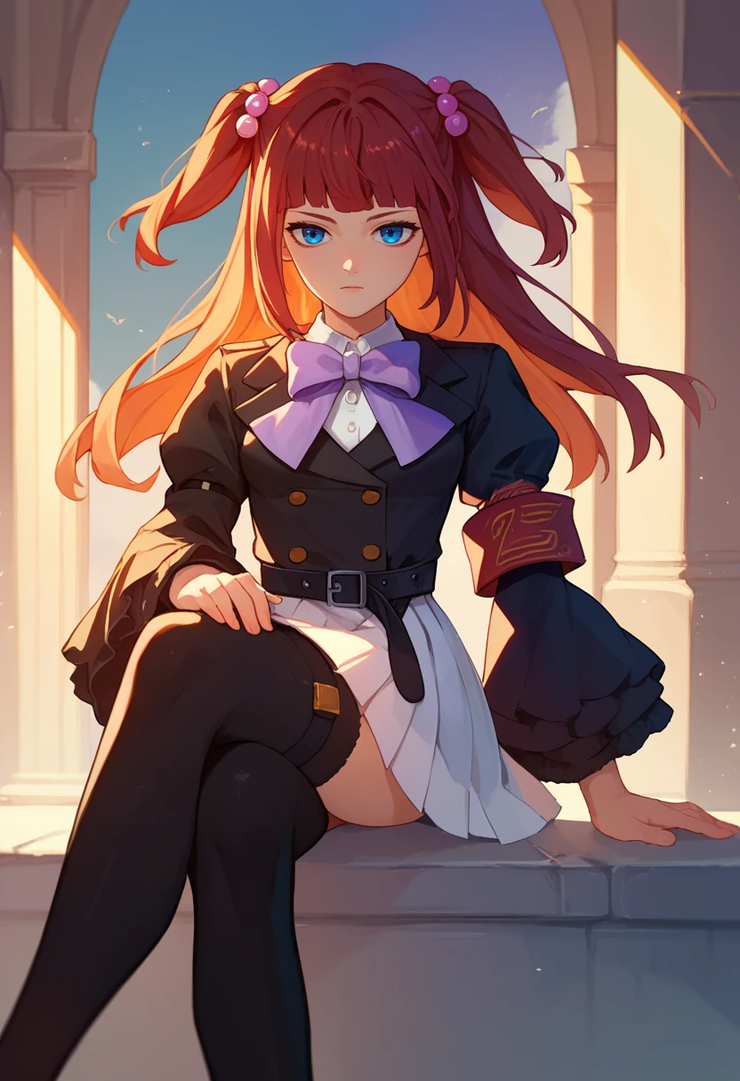 score_9, score_8_up, score_7_up,1girl, Ange, brown hair, two side up, blue eyes, white shirt, purple bow, black jacket, single armband, black belt, white skirt, frilled sleeves, black thighhighs, crossed legs, sitting, looking at viewer, <lora:Ange 4-000007:1>