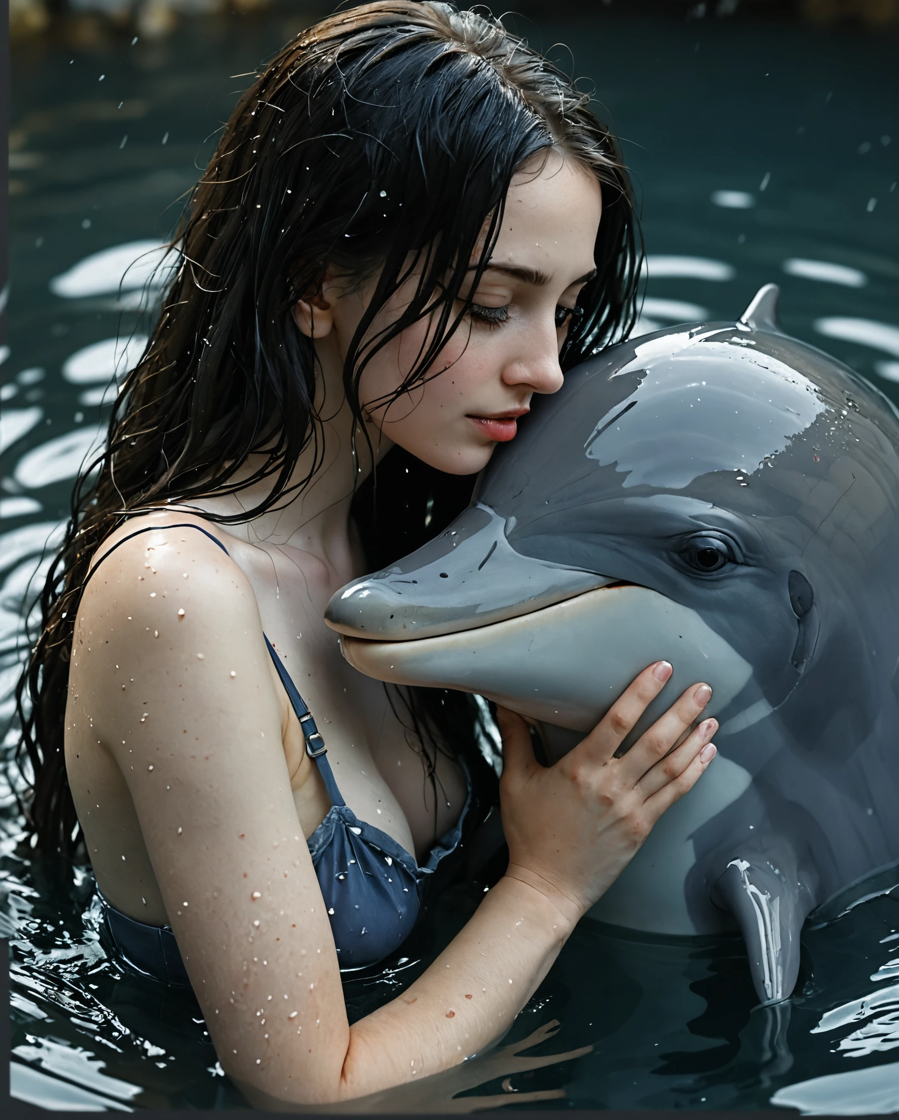 dolphin,hugging to 22-year-old (woman:0.6) , pale skin, , detailed natural skin and blemishes, long black hair, dark navy blue eyes, hair flowing in deep water, ï¼ , OverallDetail, fixl-art, professional photography