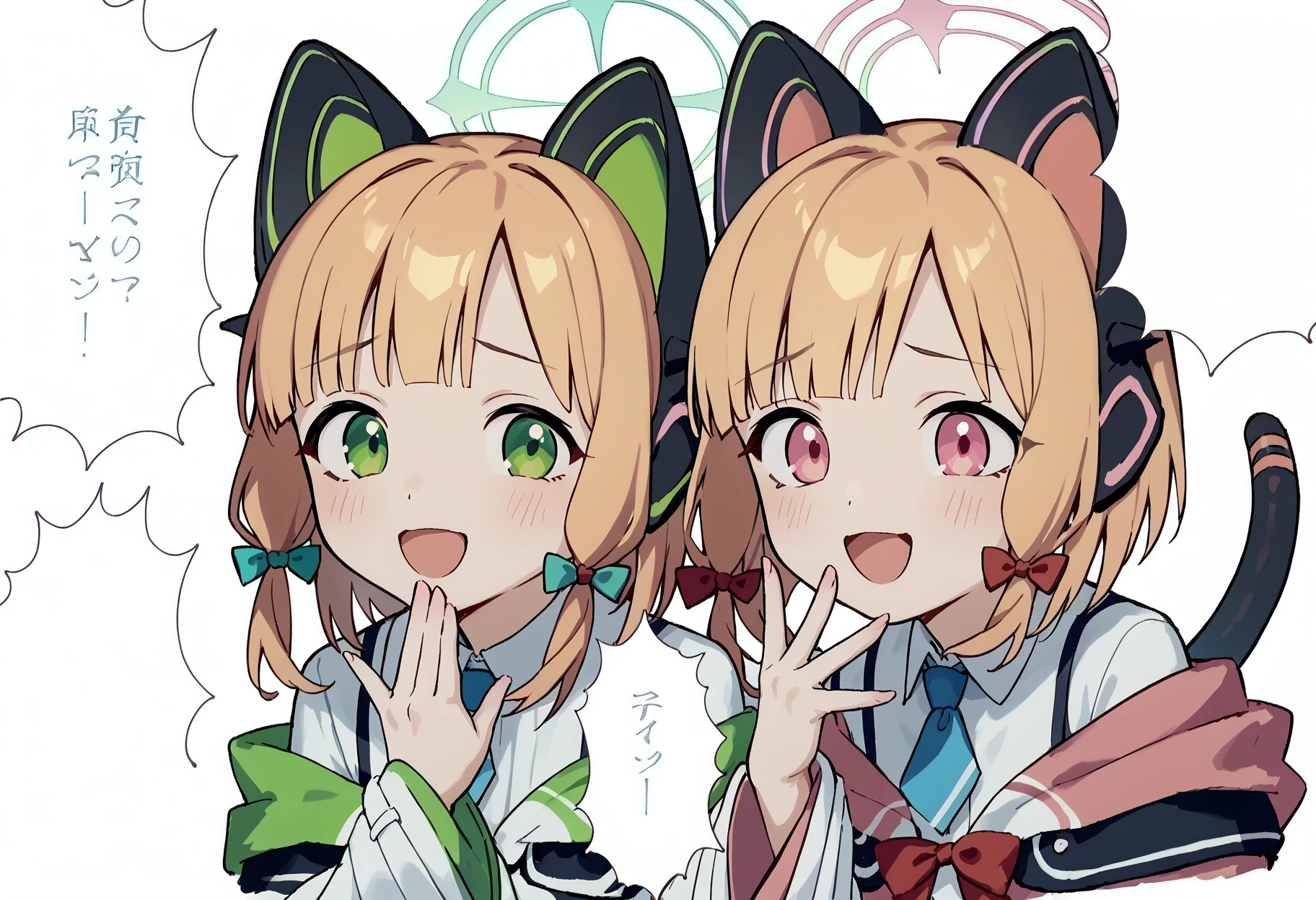 score_9, score_8_up, score_7_up, score_6_up, score_5_up, score_4_up, <lora:ezmodev1:0.45>, 2girls, smile, ezmode, hand up,
BREAK, <lora:midori-default_blue archive_PONY_last:1>, midori-default,midori \(blue archive\),green eyes,blonde hair,halo,blue hair ribbon,animal ear headphones, tail,multicolored jacket,wide sleeves,white shirt, blue necktie,
BREAK, <lora:momoi-default_blue archive_PONY_last:1>, momoi-default,momoi \(blue archive\),pink eyes,blonde hair,halo,animal ear headphones, tail,jacket front red bow,multicolored jacket,wide sleeves,white shirt,blue necktie,