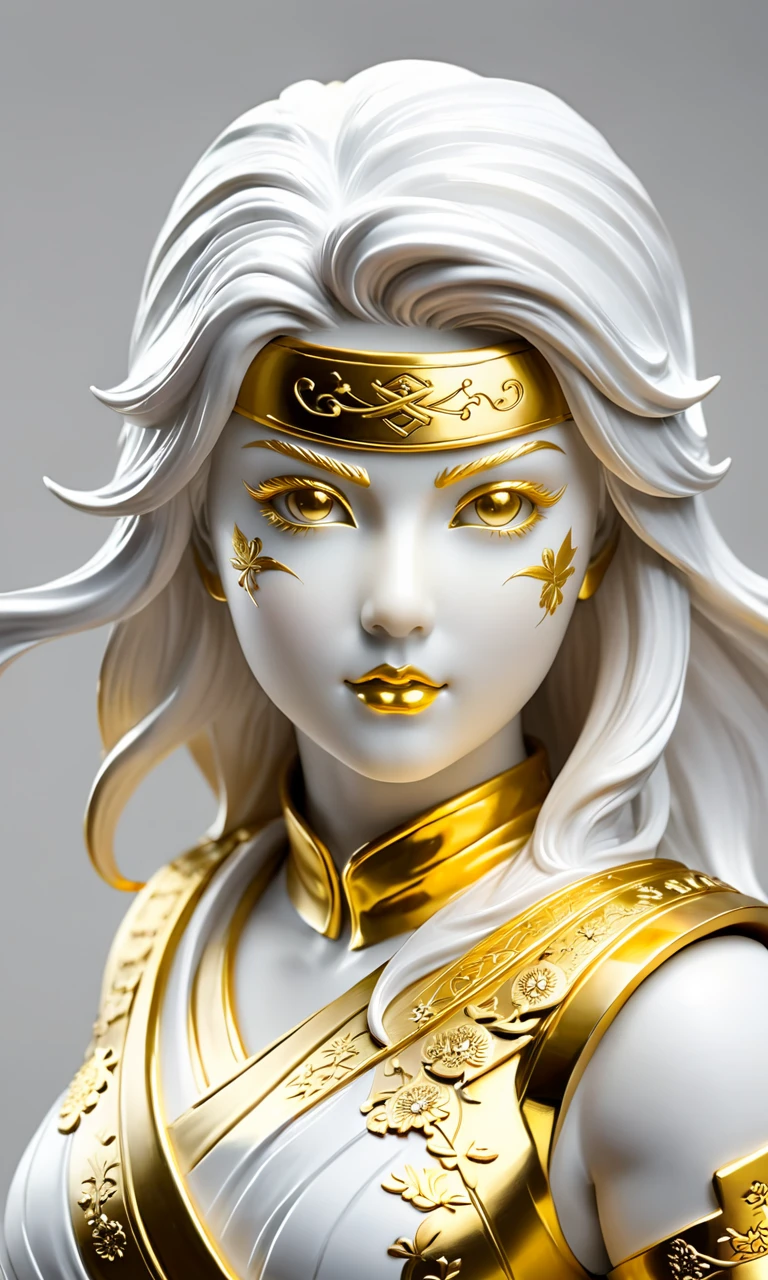 a statue of a girl, best quality, masterpiece, <lora:cstatuesdxl:0.8>, cstatuesdxl, white and gold, ninja