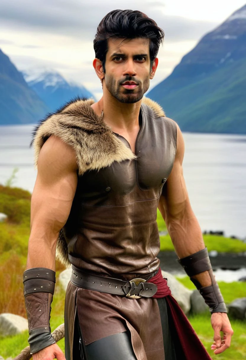 Ultra-detail, (highres:1.1), best quality, (masterpiece:1.3), sendhil ramamurthy a man <lora:Namik-Paul_Sendhil-Ramamurthy:1>, a Viking warrior prince wearing fur and leather armor rags rising above a battlefield, scales, handsome 23yo Norway male model, dynamic posture posing, full-body from above, dramatic angle. hairy body, skinny muscled, perfect biceps, great pecs, thin waist, perfect jawline, strong and powerful, sporty, great detail, satisfaction,
