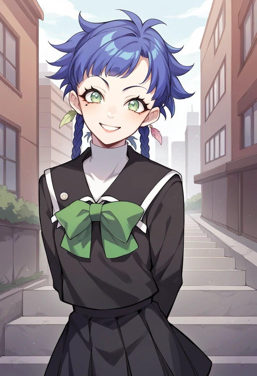 score_9, score_8_up, score_7_up, source_anime BREAK 1girl, solo,   <lora:zs_ChikaXL:1> chikap2, blue hair, short hair, twin braids, green eyes, mole under eye, black school uniform, skirt, green bow
cowboy shot, city, looking at viewer, smile, hands behind back