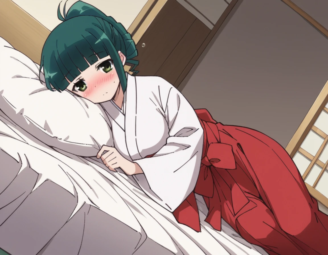 score_9, score_8_up, score_7_up, source_anime,
harutakimi, <lora:haru-takimi-s2-ponyxl-lora-nochekaiser:1>,
haru takimi, bangs, green eyes, ponytail, green hair, blunt bangs,
skirt, japanese clothes, hakama, hakama skirt, miko, red hakama,
indoors, bed, bed room, on side, blush, drunk,
cowboy shot, looking at viewer, solo, dutch angle,