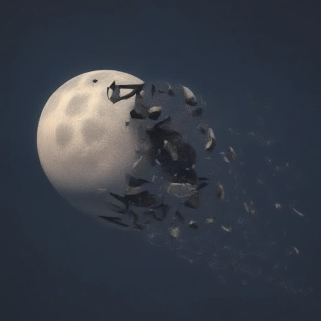 shattered_moon, a broken moon hangs in the night sky, small and shattered