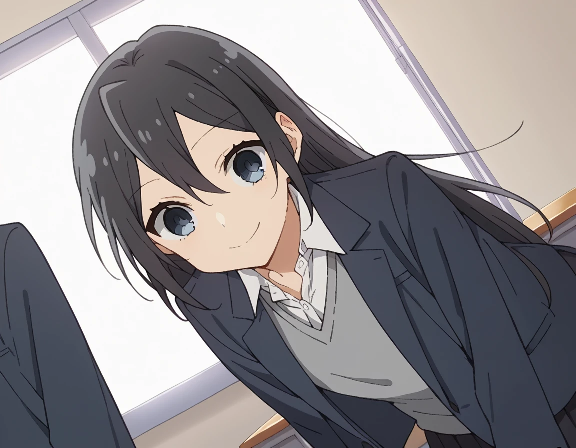 score_9, score_8_up, score_7_up, source_anime,
honokasawada, <lora:honoka-sawada-s2-ponyxl-lora-nochekaiser:1>,
honoka sawada, long hair, blue eyes, black hair, hair between eyes,
shirt, school uniform, jacket, collared shirt, blazer, sweater, grey sweater, white shirt, black blazer, skirt, black skirt,
indoors, classroom, smile, bent over,
cowboy shot, looking at viewer, solo, dutch angle,