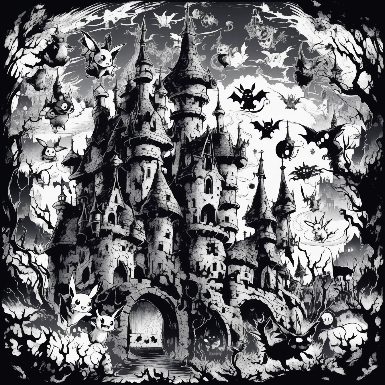 monochromatic ink, a demonic style pikachu creatures floating around a spooky castle with hidden surreal creatures, dark fantasy, highly detailed, exciting atmosphere <lora:xl-mink:0.99>