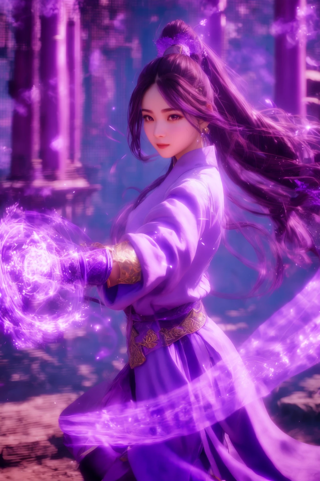 purple-aura,using purple-magic,purple-magic,ancient-costume,dancing,fighting stance,1girl,solo,long hair,brown hair,<lora:magic_fighting_purple_512_dreamshaper_8:0.8>,