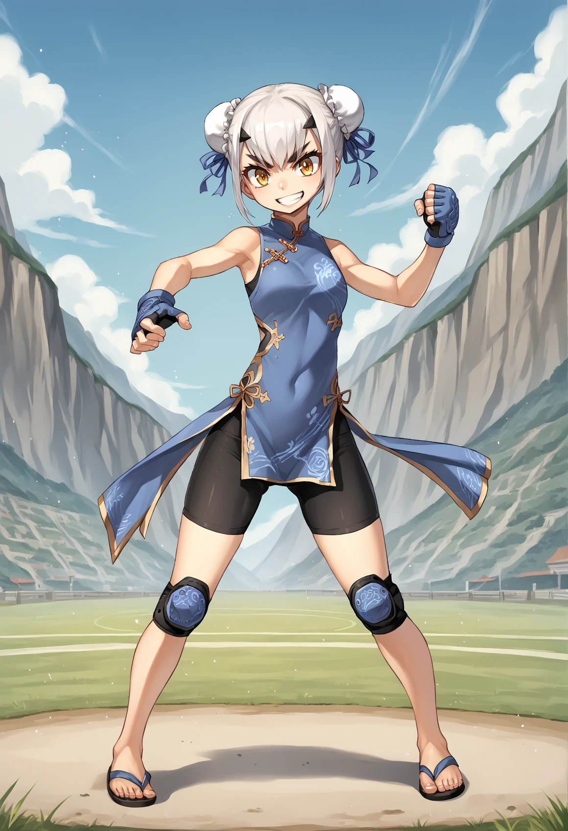 1girl, forked eyebrows, white hair, short hair, sidelocks, yellow eyes, v-shaped eyebrows, double bun, bun cover, chinese clothes, sleeveless, bike shorts, pelvic curtain, bare arms, fingerless gloves, sandals, knee pads, elbow pads, tonfa, fighting stance, smile, outdoors, valley, full body, cowboy shot <lora:Melusine_Fate_Grand_Order_XL_v2:0.8> <lora:mashima_hiro xl:1>, score_9, score_8_up, score_7_up, score_6_up, score_5_up, score_4_up, BREAK source_anime, masterpiece