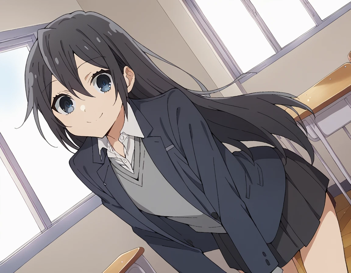 score_9, score_8_up, score_7_up, source_anime,
honokasawada, <lora:honoka-sawada-s2-ponyxl-lora-nochekaiser:1>,
honoka sawada, long hair, blue eyes, black hair, hair between eyes,
shirt, school uniform, jacket, collared shirt, blazer, sweater, grey sweater, white shirt, black blazer, skirt, black skirt,
indoors, classroom, smile, bent over,
cowboy shot, looking at viewer, solo, dutch angle,