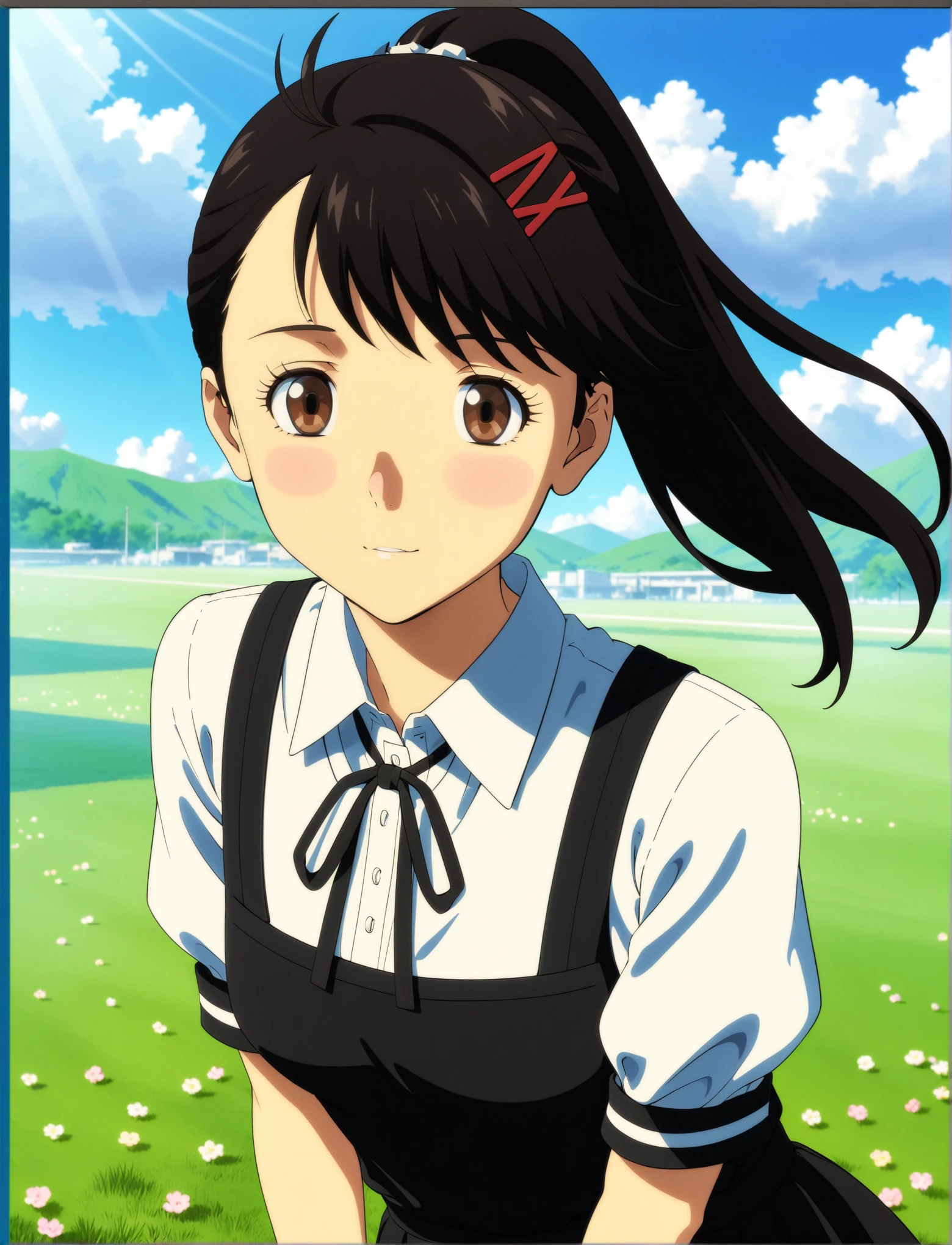 masterpiece, best quality, very aesthetic, ultra detailed, intricate details, 4k, anime style,
iwatoxl, 1girl, solo, cover, eyelashes, brown eyes, black hair, long hair, ponytail, bangs, hairclip, iwato suzume, suzume no tojimari, 
maid, maid headdress, maid apron, puffy short sleeves, short sleeves, lace trim, lace,
upper body, leaning forward, looking at viewer, outdoors, grass, flowers, field, flower field, sunlight, sky, blue sky, wind, <lora:Iwato_XL:1>