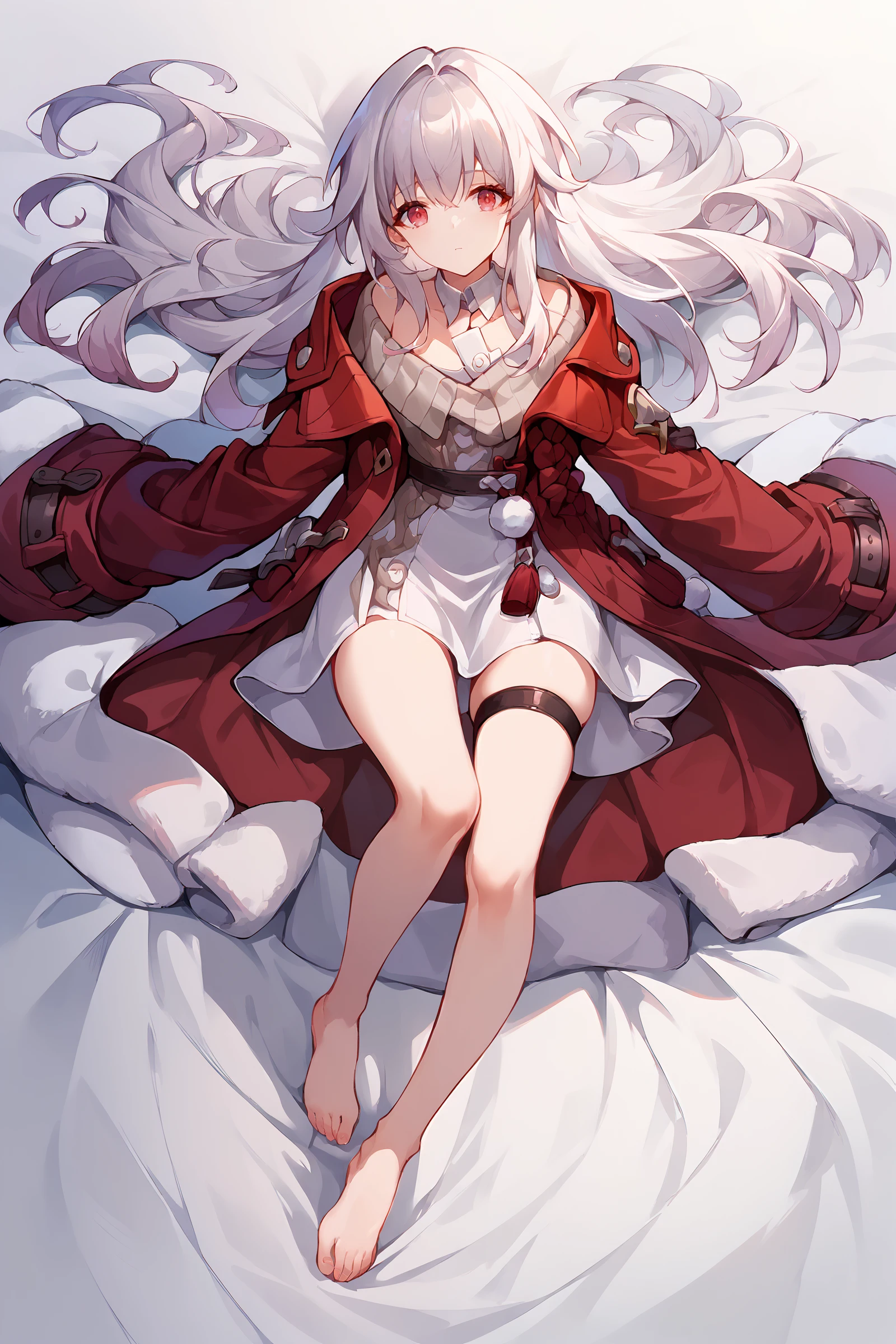 1girl, clara \(honkai: star rail\), solo, red coat, white dress, detached collar, sweater,  barefoot, thigh strap, barefoot, <lora:Char-HonkaiSR-Clara-Pony-V1:0.8>  score_9, score_8_up, score_7_up  <lora:pottsness_style_xl:0.7>