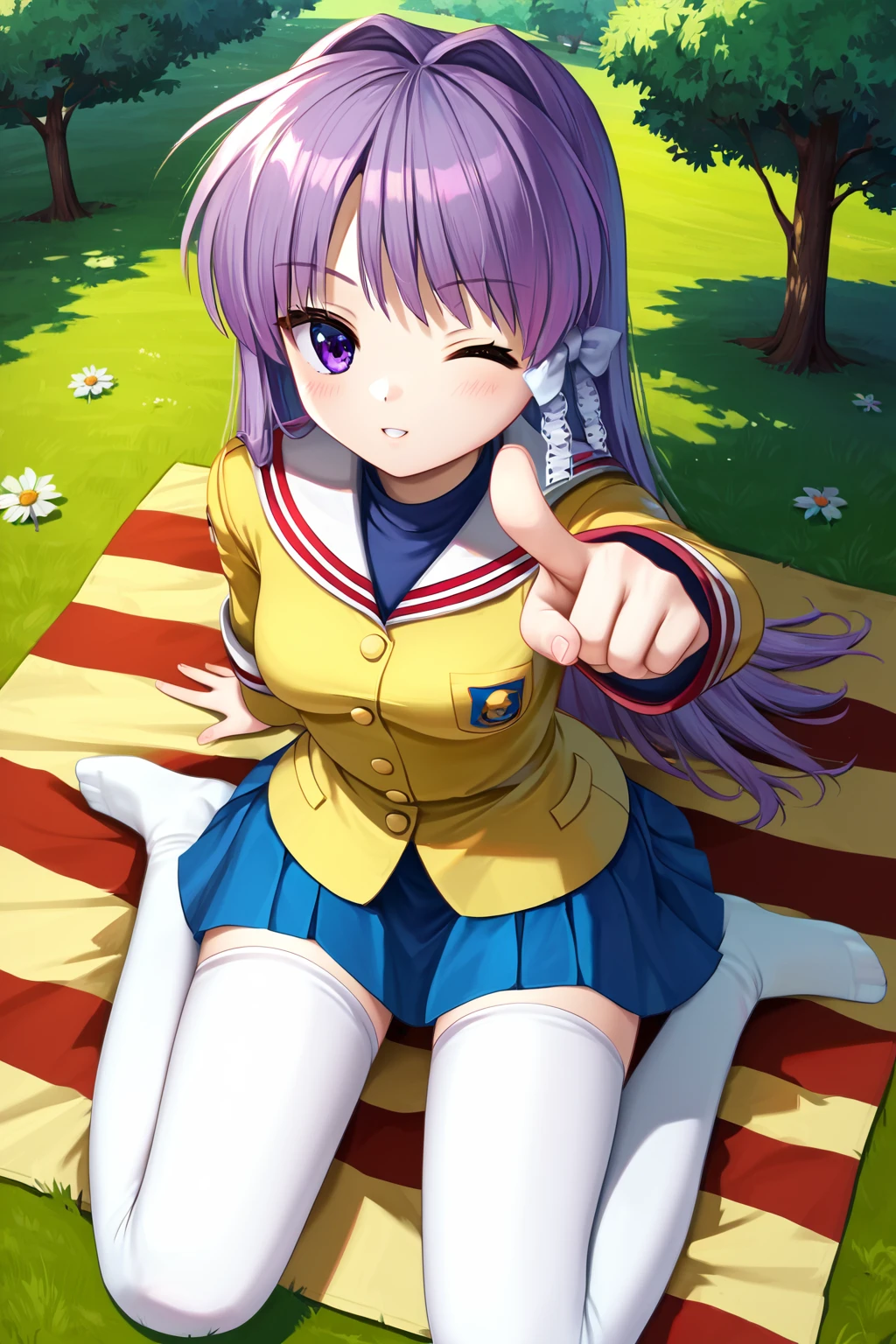 zPDXL2, rating_safe, source_anime, 4k quality, detailed background, detailed eyes, park, grass, sitting on a picnic blanket, from above view, wink, parted lips, round mouth, pointing, <lora:fujibayashi-kyou-xl-04:1>, fujibayashi kyou, medium breasts, yellow uniform, clannad uniform, blue skirt, white stockings