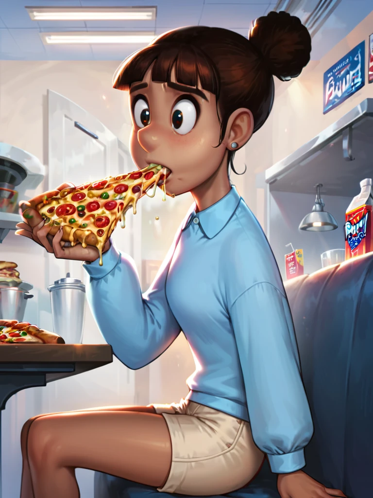 score_9, score_8_up, score_7_up, score_6_up, score_5_up, score_4_up, 1girl, source_anime, marsha_bunnicula, hair bun, blue collared shirt, long sleeves, tan shorts, sitting, eating pizza, booth seating, restaurant, detailed face, detailed eyes, detailed background, <lora:marsha-v1:1>