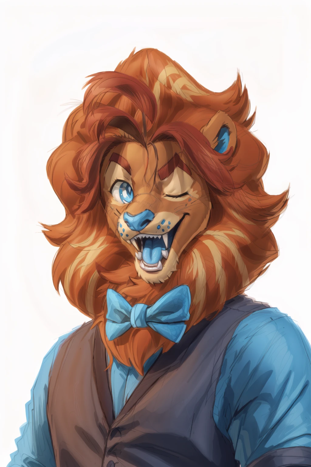 <lora:lloyd-09:1.2>, lloydip, blue eyes, blue nose, mane, tail, solo, (pinup), (pose), (soft shading), 4k, hi res, ((detailed face, detailed eyes)), by zackarry911, by zaush, (by personalami:0.5), solo, looking at viewer, smile, open mouth, simple background, shirt, 1boy, white background, bow, holding, upper body, ahoge, male focus, one eye closed, teeth, tongue, tongue out, bowtie, fangs, blue bow, sharp teeth, cropped torso, notice lines, colored tongue