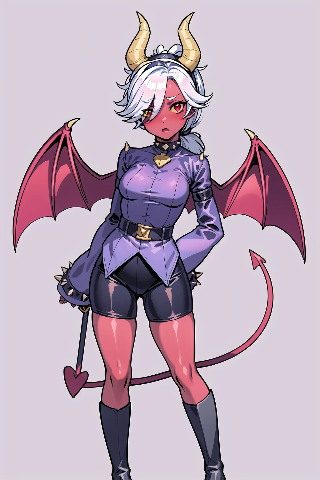 (masterpiece, best quality), trixie colette, 1girl, solo, demon girl, (colored skin, red skin, red eyes, colored sclera, yellow sclera, ponytail:1.3), short hair, white hair, hair over one eye, demon tail, demon horns, demon wings, hairband, choker, shirt, spikes, arm belt, (spiked bracelet, long sleeves, sleeves past fingers, sleeves past wrists:1.2), shorts, boots, knee boots, <lora:Trixie_Colette__Brawl_Stars:0.7>