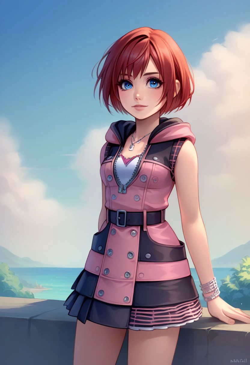 score_9, score_8_up, source_anime, highly detailed, 1girl, solo,
kairi, 1girl, solo, blue eyes, zipper, jewelry, boots, dress, necklace, short hair, red hair, pink dress, zipper pull tab, pleated dress, short dress, upper body,
outdoor,