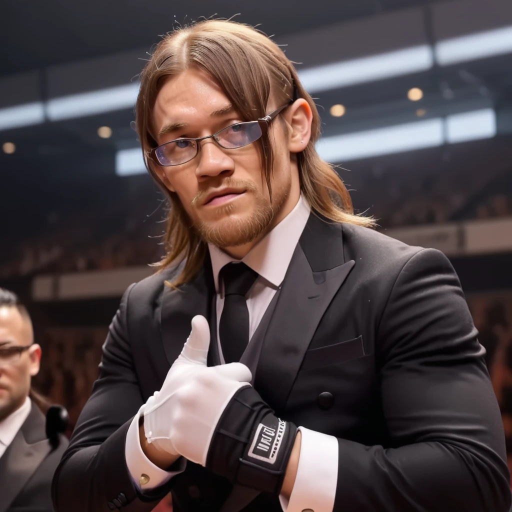 Conor Anthony McGregor,Create a realistic image of a male butler wearing formal attire and gloves, with long hair covering one eye, and glasses. The butler should be reaching out towards the camera with an inviting gesture, palm facing up,<lora:yareayare:0.85> ,muscular, strong,Located in the wrestling ring