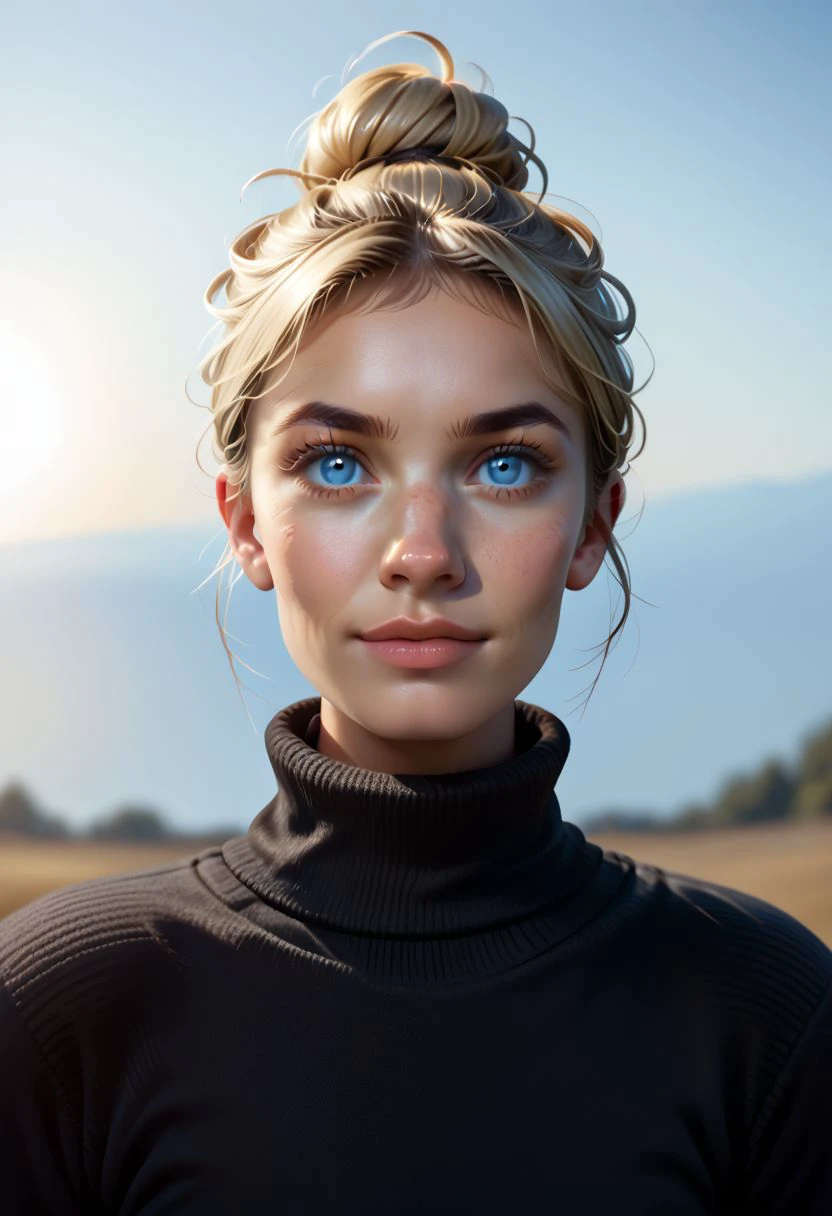 syblz style, 1girl, solo, blonde hair, blue eyes, realistic, turtleneck, freckles, upper body, sweater, lips, looking at viewer, black sweater, single hair bun, hair bun, simple background, mini smile, straight on, sky, day, natural lighting, atmospheric lighting,  shallow dof,  zPDXL2