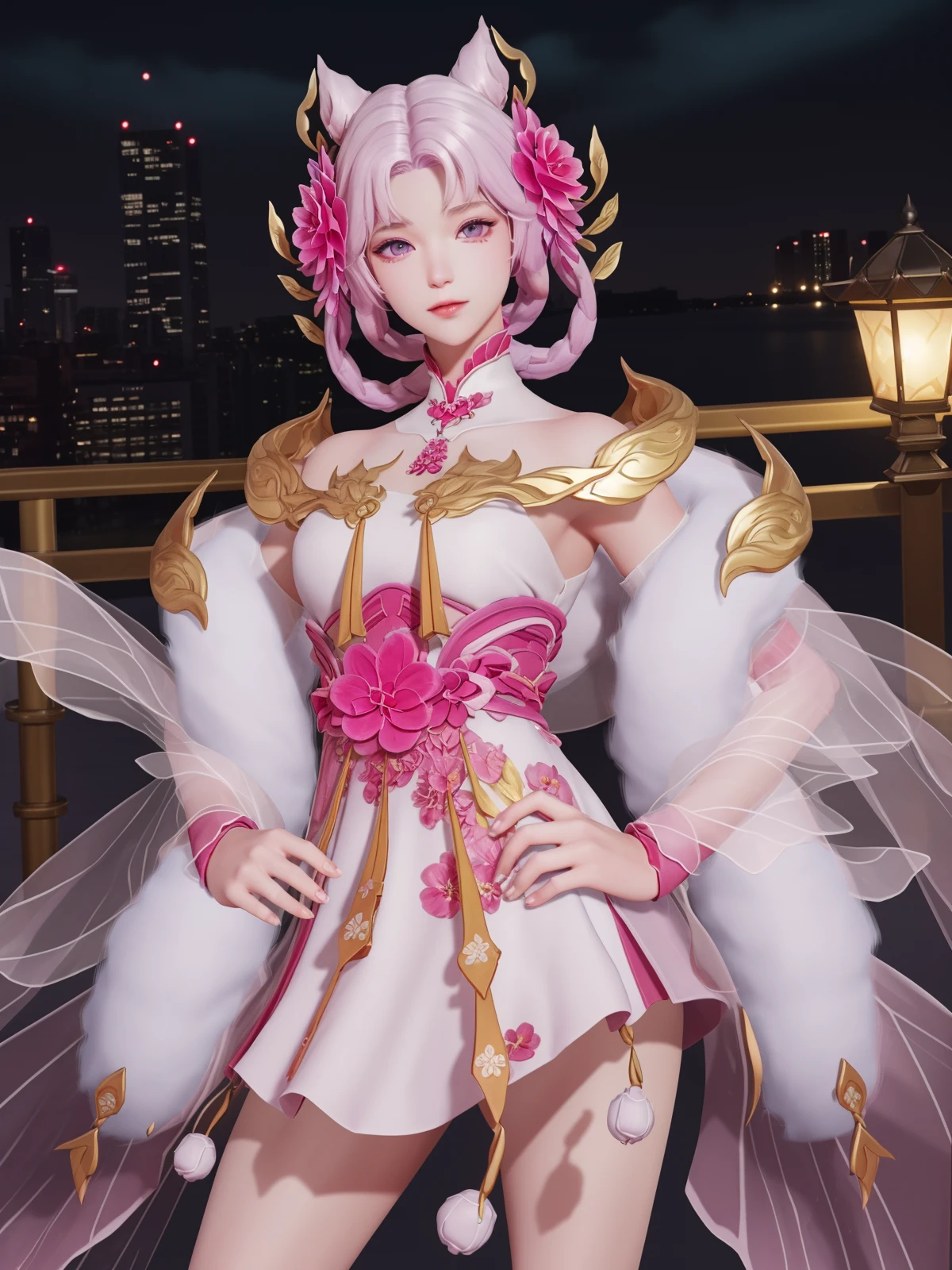 WZRYchangeJSS, 1girl, solo, flower, pink hair, purple eyes, barefoot, dress, hair ornament, looking at viewer, hair flower, fur trim,tassel,hair rings, <lora:WZRYchangeJSS:0.75>,cityscape, night, ,