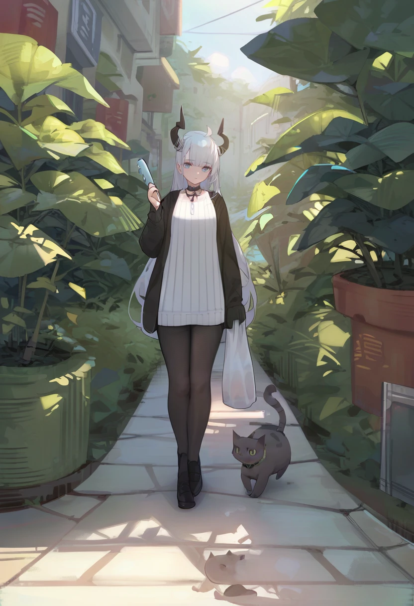 score_9, score_8_up, score_7_up, score_6_up, <lora:nekojiraXL_P6_lokr_V4302:0.95> 1girl, horns, cat, long hair, holding, outdoors, solo, jacket, black jacket, bag, popsicle, open jacket, pantyhose, food, white hair, open clothes, walking, looking at viewer, black cat, blue eyes, sweater, long sleeves, standing, very long hair, dress, animal, closed mouth, plastic bag, choker, plant, black footwear, black choker, wide shot, holding bag, black pantyhose, shoes, holding food, sweater dress, leaf, white dress, demon horns, shopping bag, day, jewelry, hand up, hair on horn, black pants
