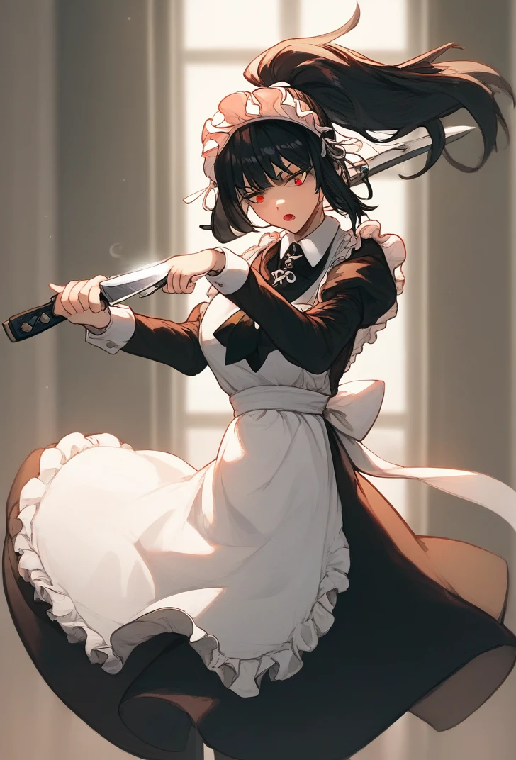 (score_9, score_8_up:1.1), score_7_up, masterpiece, <lora:Ryoshu_Limbus_Company:1>, RyoshuLimbus, RyoshuMaid, 1girl, solo, open mouth, bangs, black hair, red eyes, long sleeves, dress, holding, ponytail, weapon, sword, holding weapon, apron, maid, maid headdress, katana, knife, sheath, maid apron