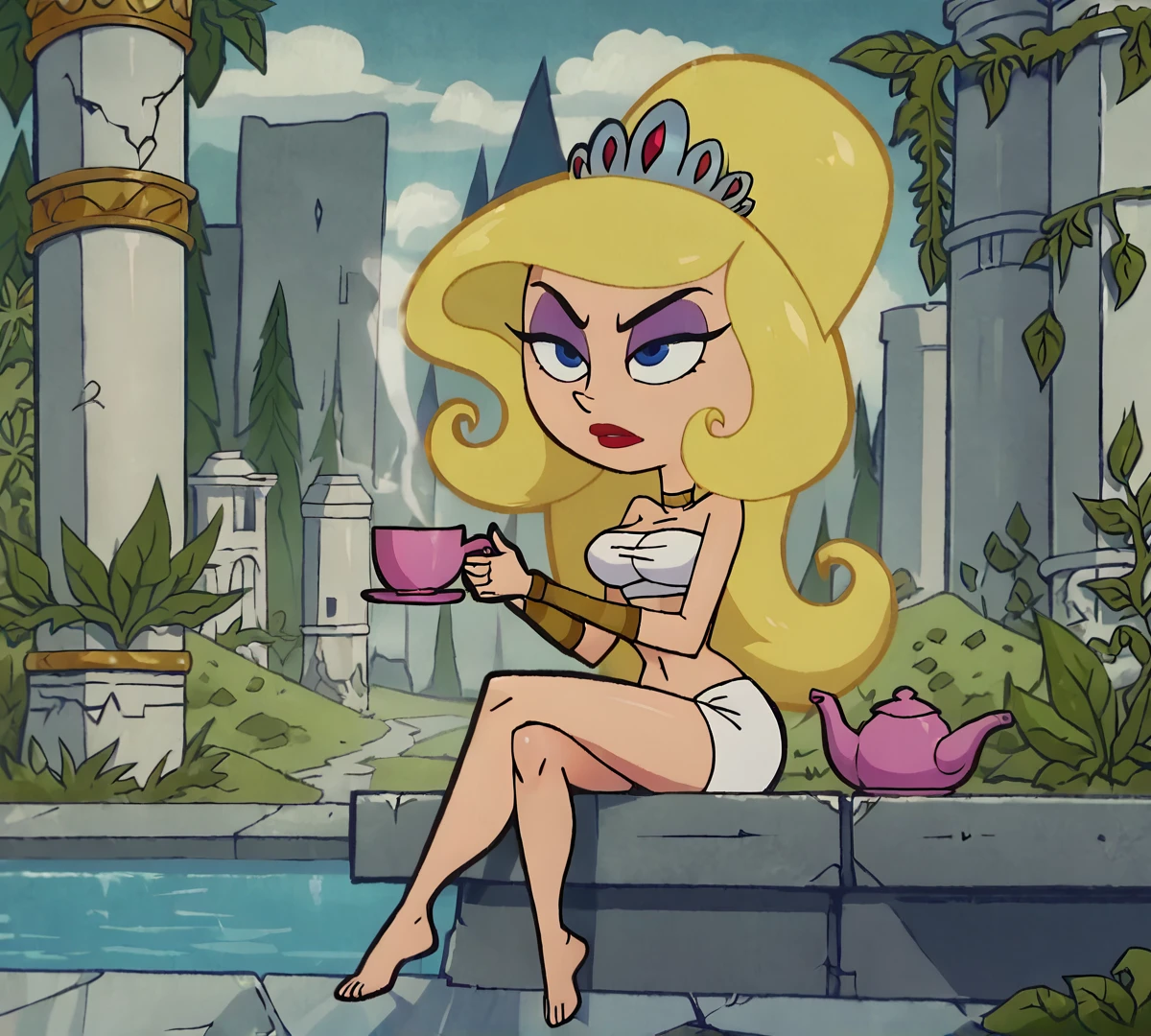 Eris, blonde hair, blue eyes, tiara, bandeau, zPDXL, best quality, amazing quality, score 9, 1girl, sitting, crossing legs, teapot, tea cup, holding cup, outdoors, ruins, <lora:Eris:0.8>