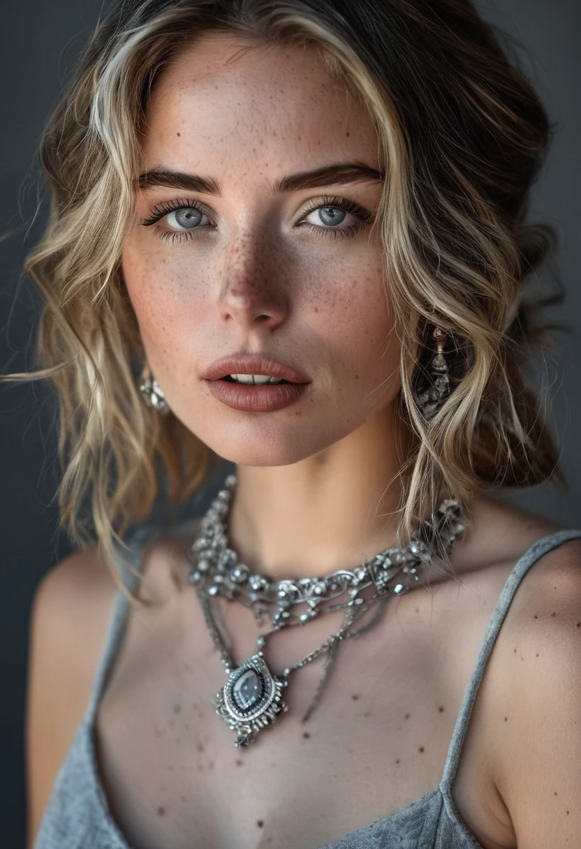 photography, cinematic, a potrait beatiful woman wearing a silver necklace and jewelry poses for a picture in a studio setting, cool face, some freckles
 highly detailed, very realistic  <lora:potrait-woman-chery-step00001200:0.7>