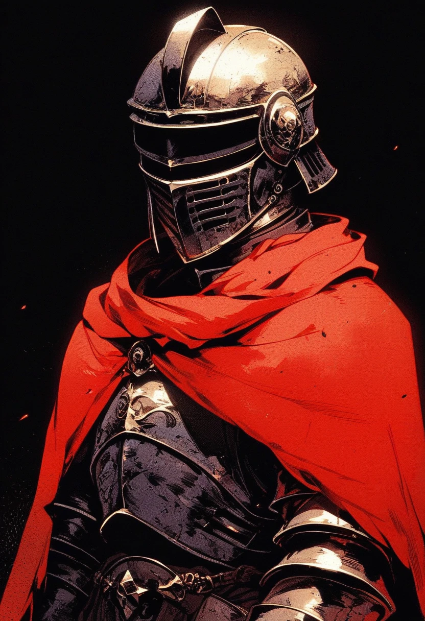 <lora:Kenva:1.0> score_9, knva, halftone effect, armored medieval knight, helmet with closed visor, red cloak, black background,