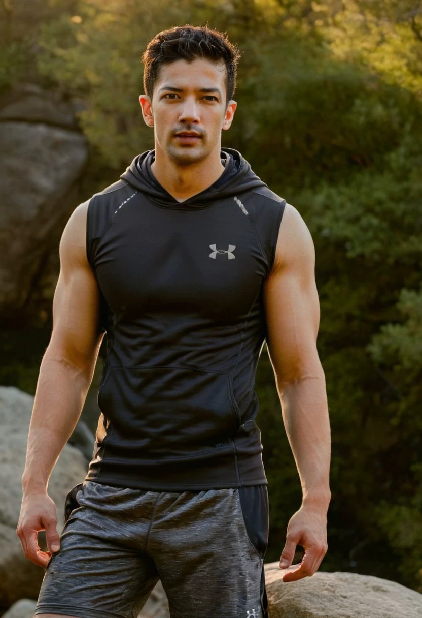 photo of Ace Young a man <lora:muzi-Ace-Young:1>, wearing a sleeveless well-fitted under armour hoodie and compression shorts, standing on a boulder, outdoor trail, 35mm photograph, film, bokeh, professional, 4k, highly detailed, creek in the background, natural lighting, golden hour