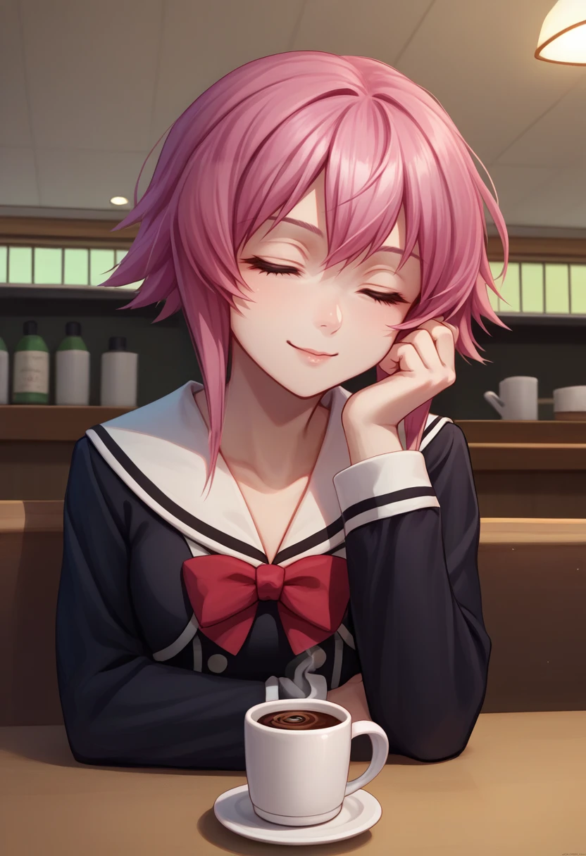 score_9, score_8_up, score_7_up, source_anime, 1girl, OnoeSerDef, short hair, pink hair, short hair with long locks, school uniform, black dress, white sailor collar, long sleeves, red bow, <lora:OnoeSerika_XLPD:1>, upper body, pov across table, table, cafe, coffee, mug, cake, elbow rest, seductive smile, closed eyes,