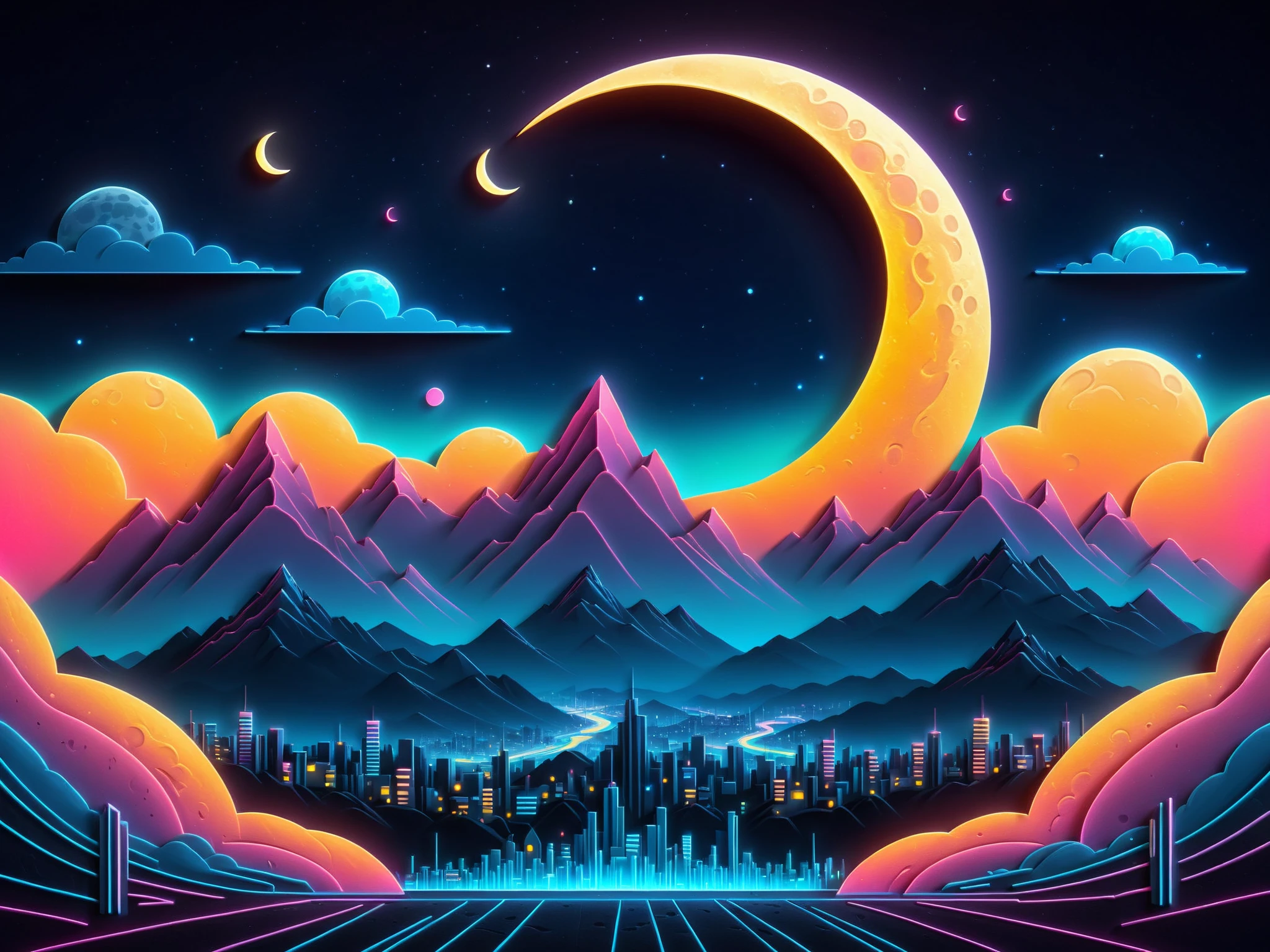 cityscape, mountainous horizon, moon, night sky, glowing outline, mad-cybrpprct2, neon lights <lora:Neon_Cyberpunk_Papercut_2_SDXL:0.8>, (masterpiece:1.2), best quality, (hyperdetailed, highest detailed:1.2), high resolution textures