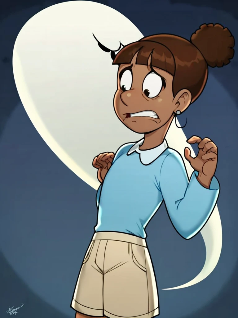 score_9, score_8_up, score_7_up, score_6_up, score_5_up, score_4_up, 1girl, source_anime, marsha_bunnicula, hair bun, blue collared shirt, long sleeves, tan shorts, standing, scared, dark room, ghost, detailed face, detailed eyes, detailed background, flat color, <lora:marsha-v1:1>