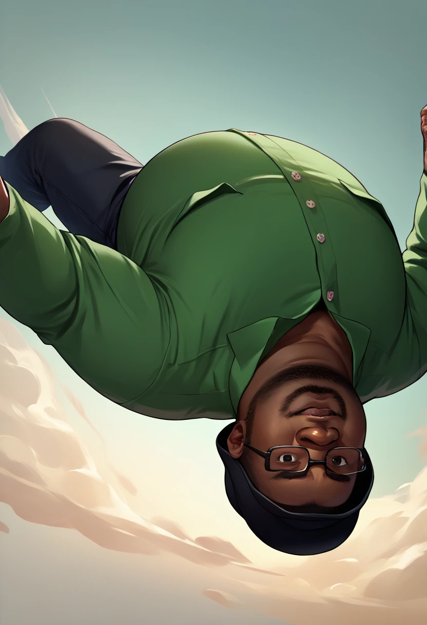 score_9, score_8_up, score_7_up, source_anime, 1boy, upside-down, backflip, <lora:Backflip_XLPD:1>, in air, looking at viewer, <lora:BigSmoke_XLPD:0.8> BigSmoke, black eyes, dark-skinned male, facial hair, glasses, black headwear, green shirt, pants, fat, fat man,
