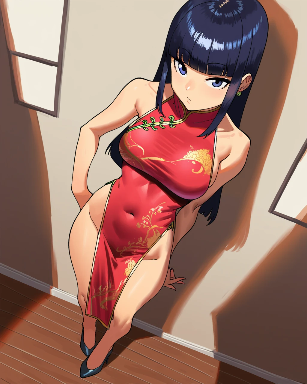 score_9, score_8_up, score_7_up, 1girl, long black hair, straight hair, blunt bangs, standing, cheongsam, high heels, exposed thigh, dynamic angle, by cessa, <lora:Cessa_PDXL:1>,