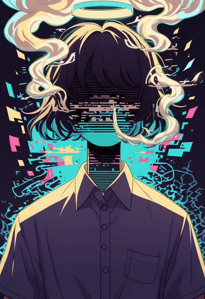 did vaporwave style, solo, 1boy, male focus, shirt, upper body, collared shirt, abstract, short hair, face halo, no face, vapor, smoke, glitch,  horror (theme),  glowing,  zPDXL2