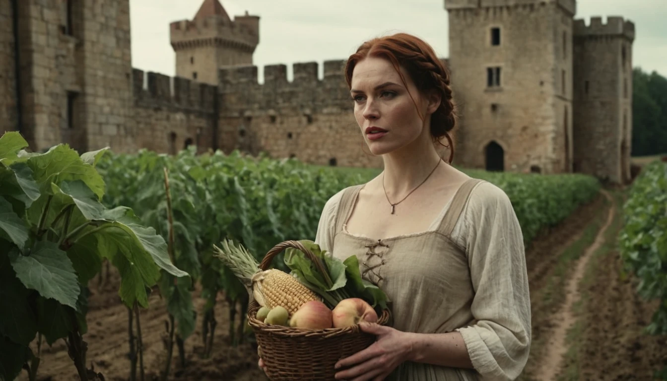 Cinematic Film Still, Medieval \(setting\), beautiful peasant woman, auburn hair, short braid hairstyle, pale skin, [light freckles], outdoors, picking crops, field, gloomy, overcast, cool color temperature, detailed skin texture, wearing soft linen Chemise, dramatic, dirty, castle wall in background, solo, cinematic lighting, muted color palette, shadow, 50mm, F/5.6 lens, ISO 1000, (extremely detailed), grim, gritty,  Still from Kingdom Come